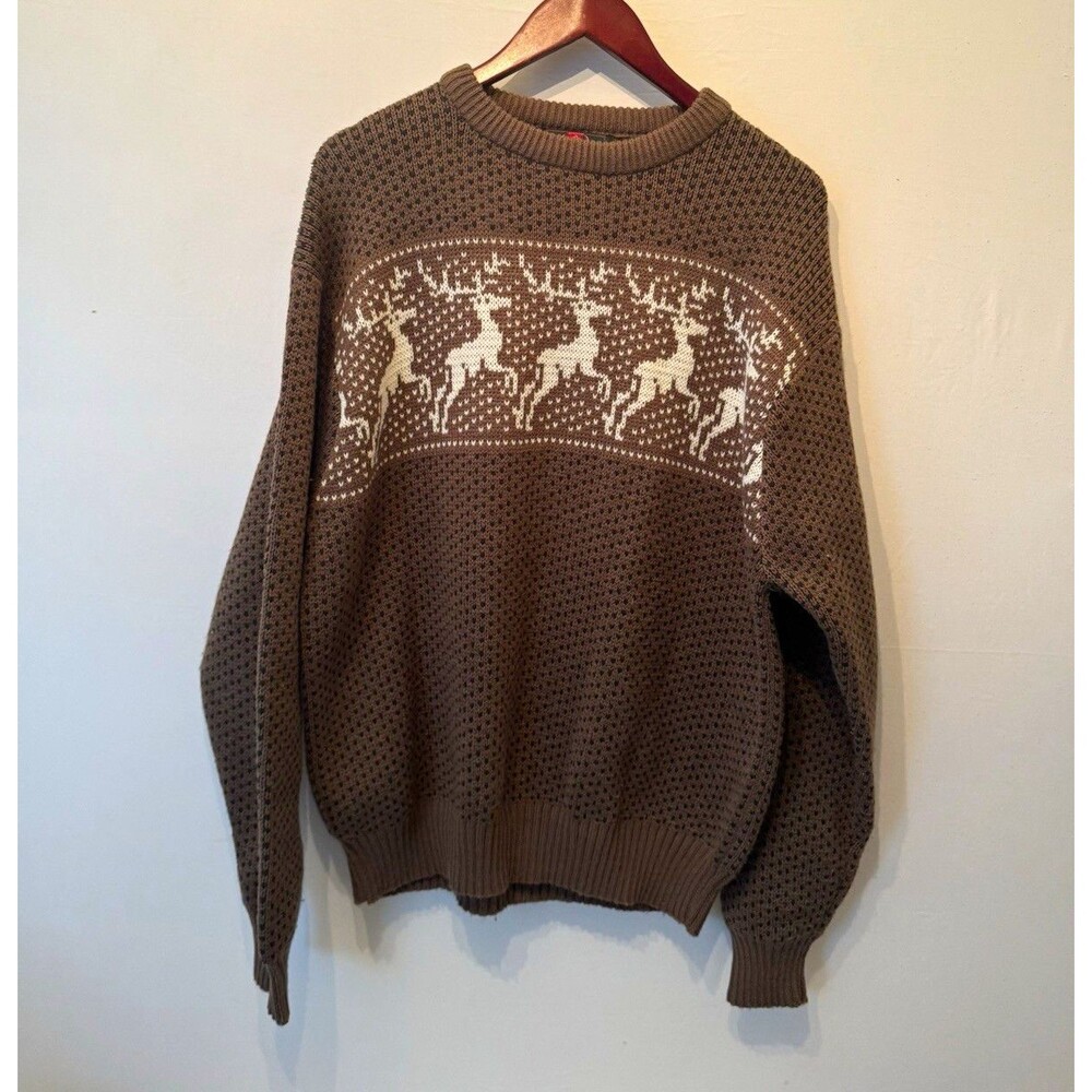 RIBATTANI Sportswear Mens XL Brown White Reindeer Crewneck Knit Acrylic Sweater